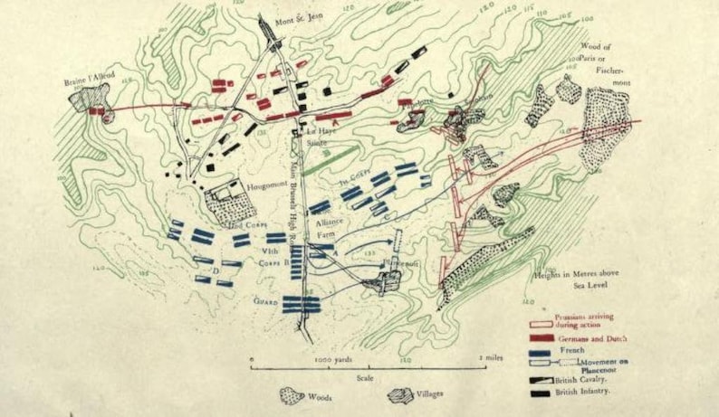 May include: A black and white map showing the battle of Waterloo. The map depicts the positions of the British, French, and Prussian armies. The map also shows the terrain features of the battlefield, including the hills, woods, and streams.