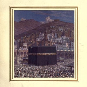 May include: A painting depicting the Kaaba in Mecca, Saudi Arabia. The Kaaba is a cube-shaped building covered in black cloth and surrounded by a large crowd of people. The painting shows a cityscape in the background with mountains in the distance.