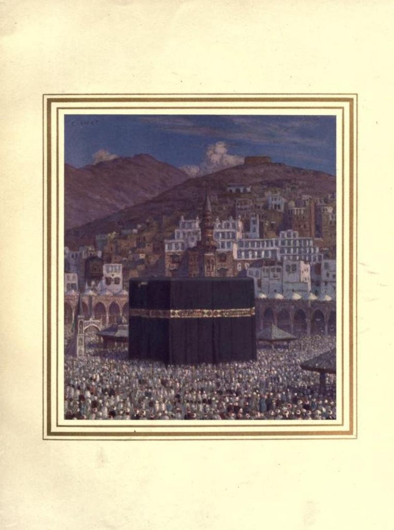 May include: A painting depicting the Kaaba in Mecca, Saudi Arabia. The Kaaba is a cube-shaped building covered in black cloth and surrounded by a large crowd of people. The painting shows a cityscape in the background with mountains in the distance.