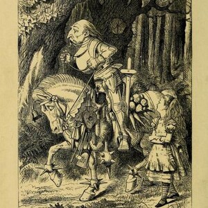 May include: A black and white illustration of a knight riding a horse with a young girl standing nearby. The knight is wearing armor and a helmet, and the horse has a saddle and a bridle. The girl is wearing a dress and has her hair in a braid. The illustration is set in a forest.