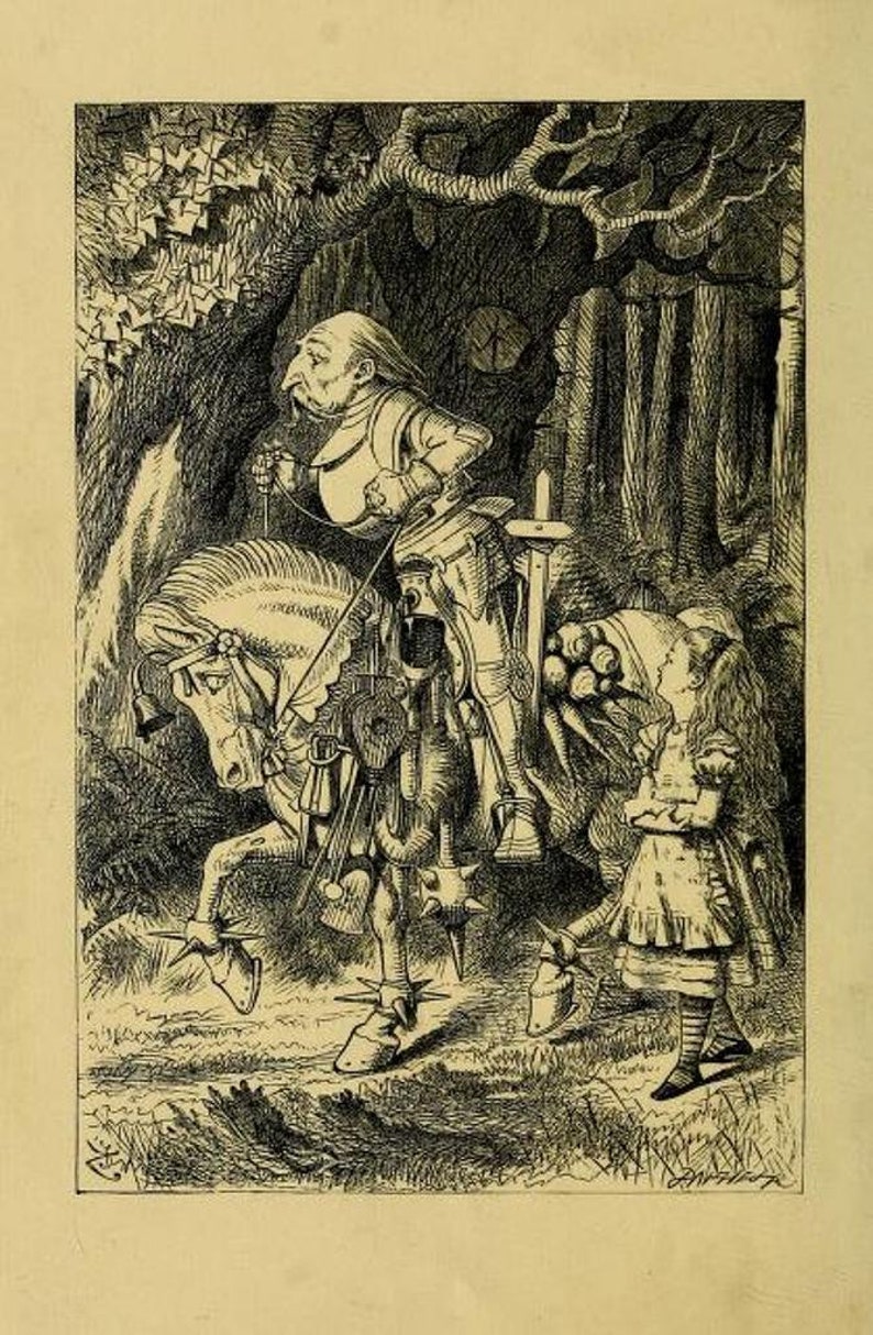 May include: A black and white illustration of a knight riding a horse with a young girl standing nearby. The knight is wearing armor and a helmet, and the horse has a saddle and a bridle. The girl is wearing a dress and has her hair in a braid. The illustration is set in a forest.