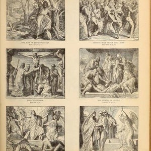 May include: A black and white illustration of six scenes from the Bible. The scenes depict the end of Jesus' ministry, Christ falling under the cross, the crucifixion, the burial of Christ, the resurrection, and the women at the tomb of Christ.
