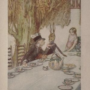 May include: A vintage illustration of a tea party scene from Alice in Wonderland. The Mad Hatter, the March Hare, and Alice are seated at a table with a teapot, cups, and saucers. The text "Very uncomfortable for the dormouse," thought Alice. is included in the image.