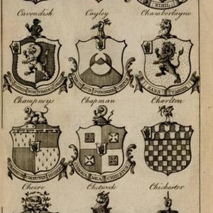May include: A black and white illustration of 12 coats of arms, each with a different design. The coats of arms are arranged in three rows of four. The names of the families are written below each coat of arms.