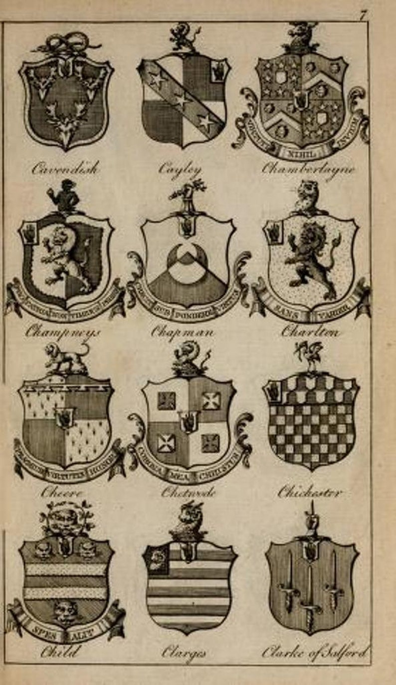 May include: A black and white illustration of 12 coats of arms, each with a different design. The coats of arms are arranged in three rows of four. The names of the families are written below each coat of arms.