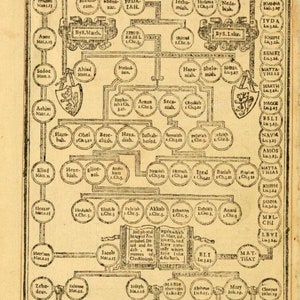 May include: A black and white genealogical chart showing the lineage of Jesus Christ. The chart is organized in a tree-like structure with names and biblical references.