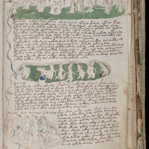 May include: A page from an old book with handwritten text in brown ink. The page is decorated with illustrations of people in green and blue. The text includes the words "gotting" and "golferg".