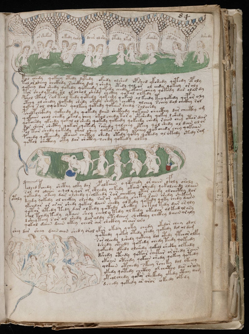 May include: A page from an old book with handwritten text in brown ink. The page is decorated with illustrations of people in green and blue. The text includes the words "gotting" and "golferg".