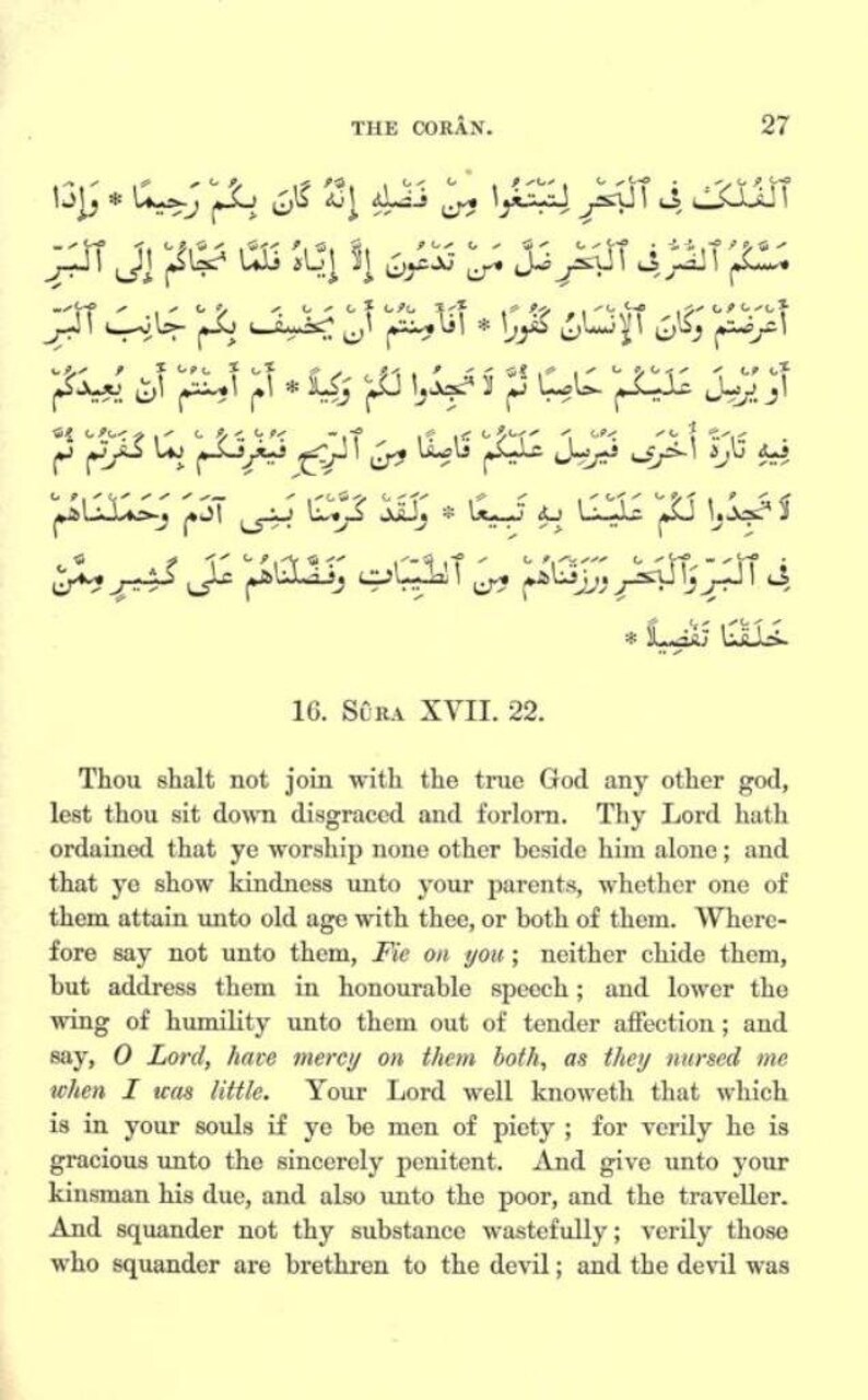 May include: A page from a book titled "The Coran" with a passage of text in Arabic and an English translation. The text discusses the importance of showing kindness to parents and giving to the poor.