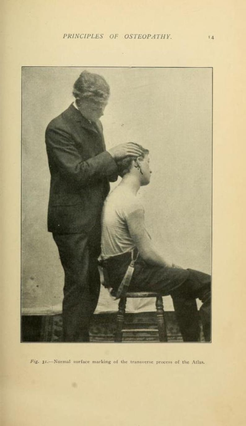May include: A black and white photo of a person demonstrating a technique for locating the transverse process of the atlas bone. The person is wearing a suit and is touching the head of the other person, who is sitting on a chair.