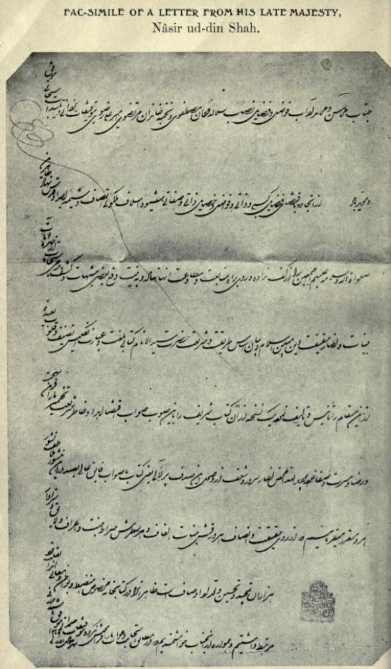 May include: A black and white image of a handwritten letter in Persian script. The letter is written on a piece of paper with a faded, aged appearance. The text includes the phrase "Nasir ud-din Shah."