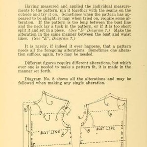 May include: Diagram showing how to alter a pattern for a garment. The diagram shows how to adjust the bust line, waist line, and length of the garment. The diagram is labeled with letters and numbers.