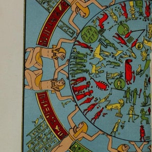 May include: A colourful illustration of a circular zodiac chart with figures of people and animals. The chart is surrounded by a band of hieroglyphs. The figures are depicted in a variety of poses, including standing, sitting, and kneeling. The colours are bright and vibrant, and the overall effect is one of movement and energy.