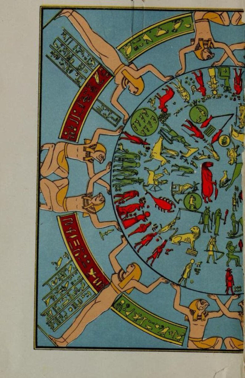 May include: A colourful illustration of a circular zodiac chart with figures of people and animals. The chart is surrounded by a band of hieroglyphs. The figures are depicted in a variety of poses, including standing, sitting, and kneeling. The colours are bright and vibrant, and the overall effect is one of movement and energy.