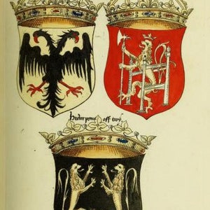 May include: Three heraldic shields with crowns above them. The first shield is black with a two-headed black eagle. The second shield is red with a white lion holding an axe. The third shield is black with two white lions facing each other.