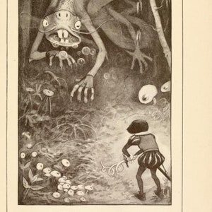 May include: A black and white illustration of a creature with large eyes and sharp teeth, with a person holding a sword in the background. The text "The Jabberwock, with eyes of flame, Came whiffling through the tulgey wood, And burbled as it came!" is printed below the image.