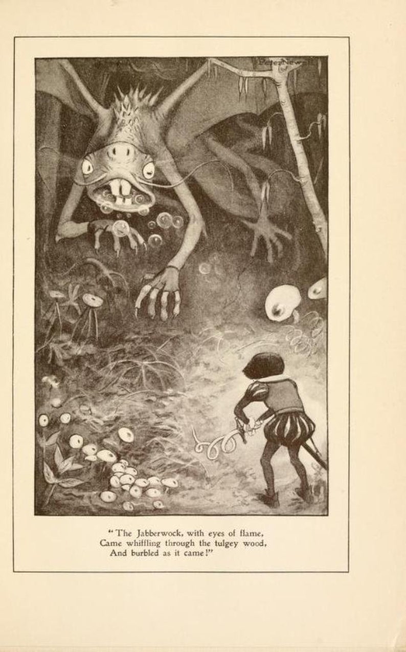 May include: A black and white illustration of a creature with large eyes and sharp teeth, with a person holding a sword in the background. The text "The Jabberwock, with eyes of flame, Came whiffling through the tulgey wood, And burbled as it came!" is printed below the image.