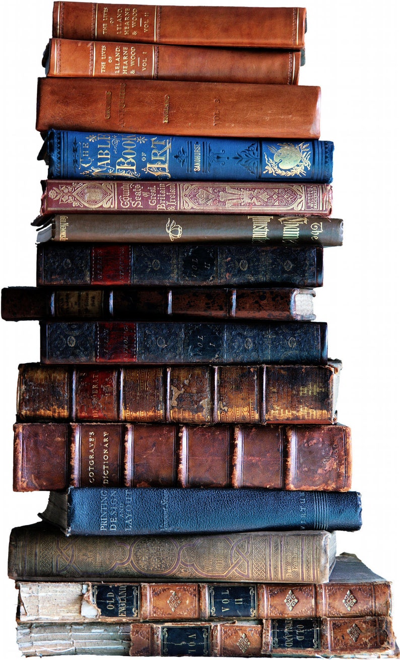 Peut inclure: Une pile de livres anciens reli&eacute;s en cuir avec diff&eacute;rents titres et motifs. Les livres sont dispos&eacute;s en pile verticale, les plus anciens en bas et les plus r&eacute;cents en haut.