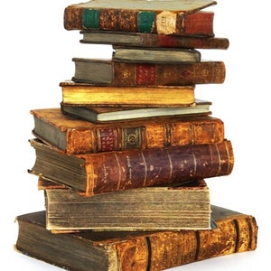 May include: A stack of antique books with worn, leather-bound covers. The books vary in size and color, with shades of brown, tan, and gold. Some have decorative elements and labels, suggesting a collection of historical volumes.