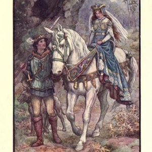May include: A prince in green and gold clothing, riding a white horse with a woman in a blue and gold dress. The woman is holding the reins and looking forward. The prince is holding a spear and looking at the woman. The horse is walking through a forest.