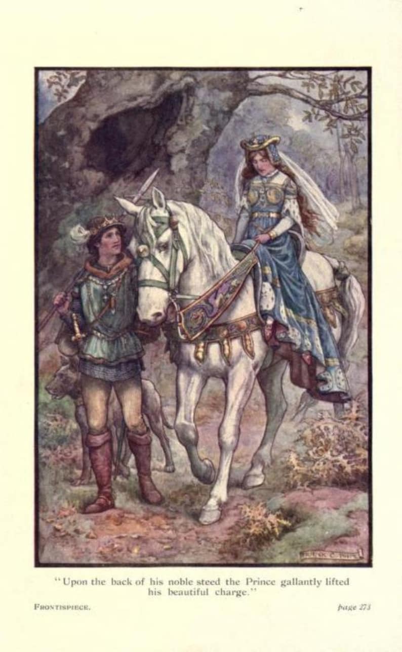 May include: A prince in green and gold clothing, riding a white horse with a woman in a blue and gold dress. The woman is holding the reins and looking forward. The prince is holding a spear and looking at the woman. The horse is walking through a forest.