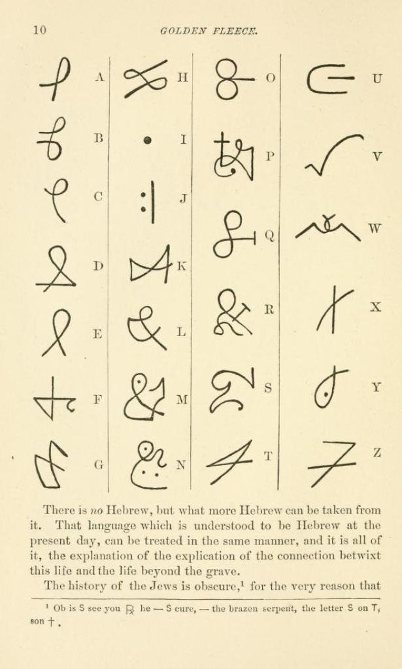 May include: A black and white image of a chart showing the Hebrew alphabet with the letters A through Z. The letters are written in a stylized form, with each letter having a unique design. The chart is titled "Golden Fleece."