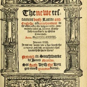 May include: A black and white image of a book cover with an ornate border. The title of the book is "The newe testament both Latine and Englythe" and the date is "M.CCCCC.XXXVIII."