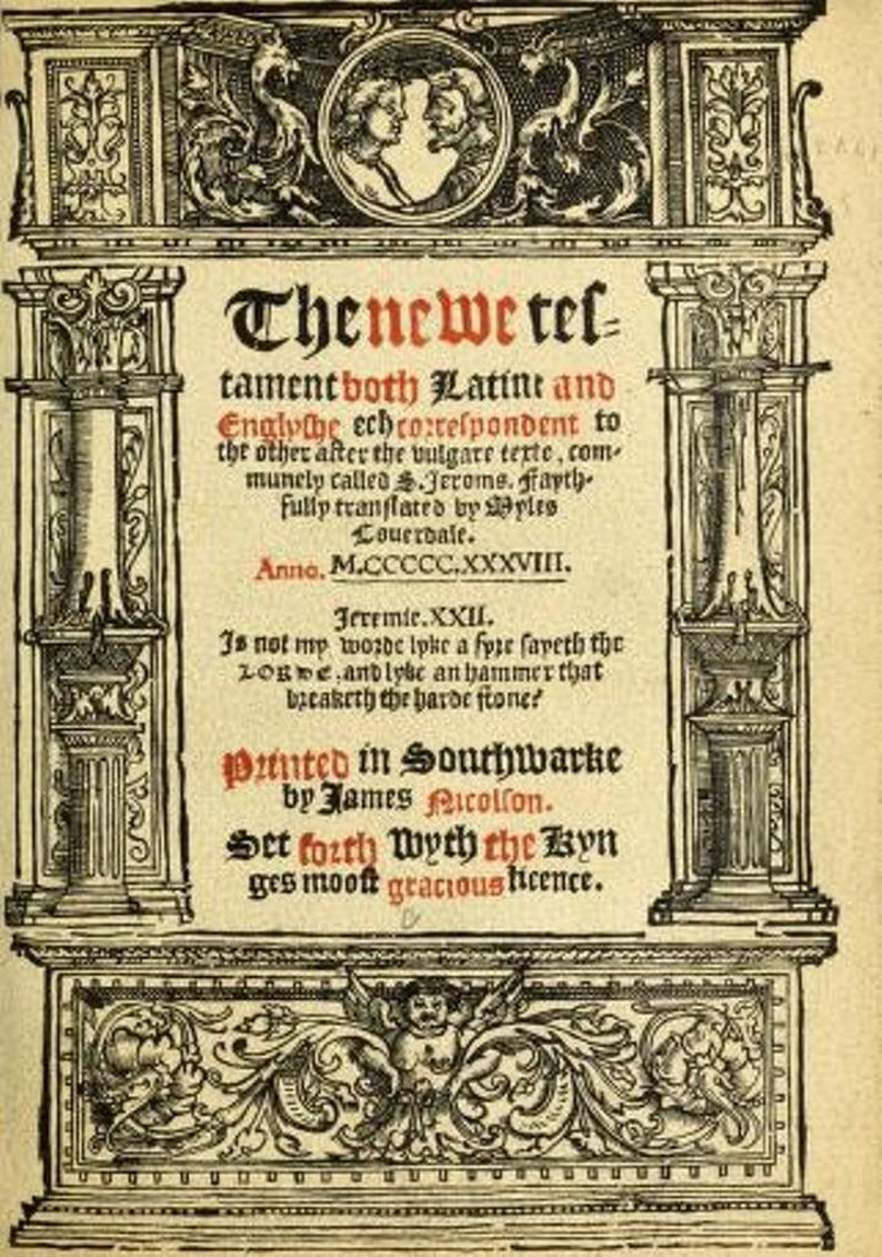 May include: A black and white image of a book cover with an ornate border. The title of the book is "The newe testament both Latine and Englythe" and the date is "M.CCCCC.XXXVIII."