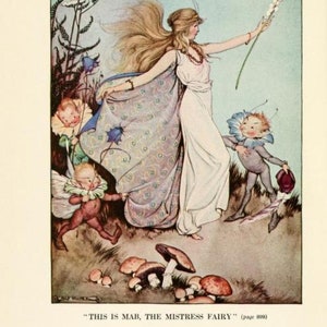 May include: A whimsical illustration of a fairy queen with long flowing blonde hair, wearing a white dress and a patterned cloak. She is holding a flower and surrounded by three fairies. The fairies are wearing green and brown clothing and have wings. The illustration is set in a forest with mushrooms and flowers.