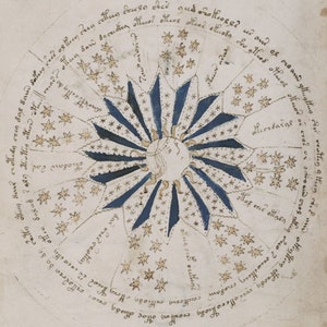May include: A circular illustration of the sun with rays emanating from it, surrounded by a ring of stars and text in a medieval script. The text includes the words "Towaro", "Betten", "offere", "others", "offc089", "200", "gt08", "ottuce", "olfaced", "of", "ro", "&gamma;&alpha;&lambda;&omicron;&rho;&omicron;&lambda;&omicron;", "cecoolta", "etfen", "Solus", "creatten", "ollos", "dled", "electora", "de", "cailly", "othey", "dont", "&sigma;&tau;&omicron;&iota;&beta;&eta;", "&sigma;&tau;&eta;", "sax", "sad", "sellers", "offug", "out", "thege".