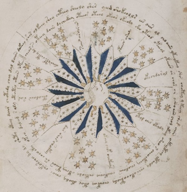 May include: A circular illustration of the sun with rays emanating from it, surrounded by a ring of stars and text in a medieval script. The text includes the words "Towaro", "Betten", "offere", "others", "offc089", "200", "gt08", "ottuce", "olfaced", "of", "ro", "&gamma;&alpha;&lambda;&omicron;&rho;&omicron;&lambda;&omicron;", "cecoolta", "etfen", "Solus", "creatten", "ollos", "dled", "electora", "de", "cailly", "othey", "dont", "&sigma;&tau;&omicron;&iota;&beta;&eta;", "&sigma;&tau;&eta;", "sax", "sad", "sellers", "offug", "out", "thege".