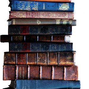 May include: A stack of vintage leather-bound books with various titles and designs. The books are arranged in a vertical stack, with the oldest books at the bottom and the newest books at the top.