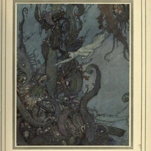 May include: A mermaid swims through a dark, underwater scene with swirling seaweed and skeletal remains. The scene is painted in shades of blue, green, and purple.