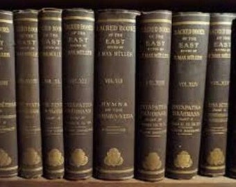 May include: A set of ten brown hardcover books with gold lettering and decorative accents. The books are titled "Sacred Books of the East" and are numbered volumes 1 through 10. The books are arranged in a row on a shelf.