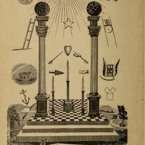 May include: A black and white illustration of a Masonic symbol. The symbol features two pillars with globes on top, a heart, a star, and an eye in a triangle. The symbol is surrounded by other Masonic symbols, including a sun, a moon, and a compass.