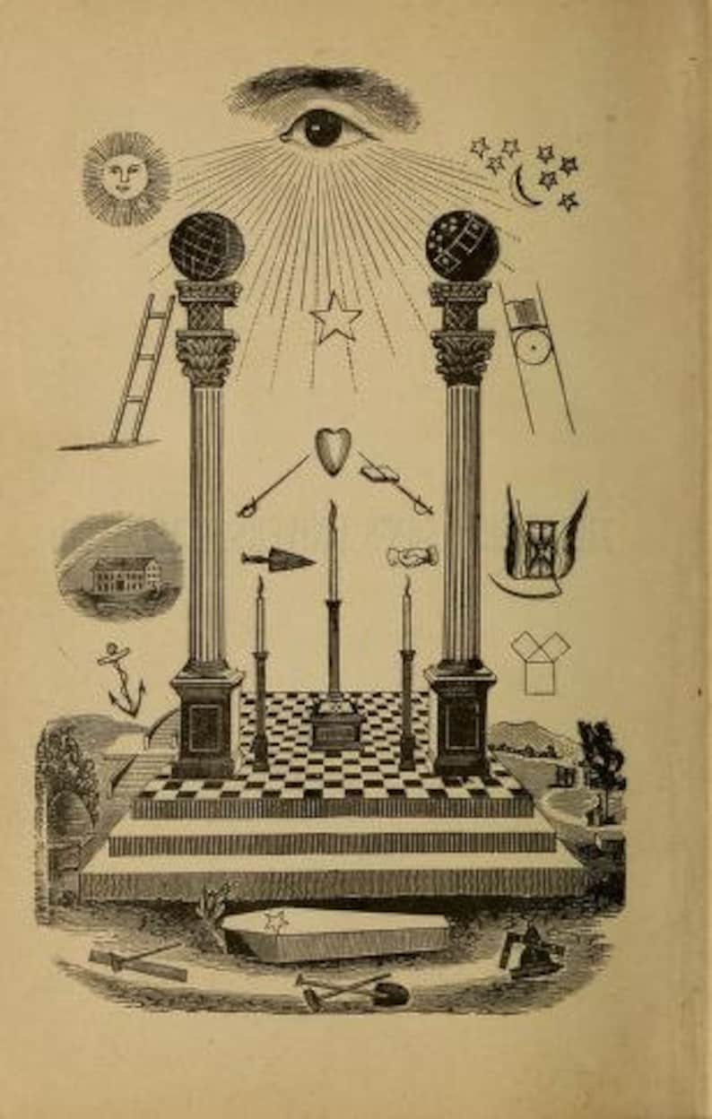 May include: A black and white illustration of a Masonic symbol. The symbol features two pillars with globes on top, a heart, a star, and an eye in a triangle. The symbol is surrounded by other Masonic symbols, including a sun, a moon, and a compass.