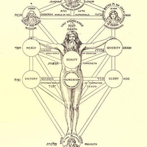 May include: A black and white illustration of the Kabbalistic Tree of Life, also known as the Tree of Sephiroth. The tree is depicted as a human figure with ten circles, called sephirot, representing different aspects of God. The sephirot are connected by lines, representing the flow of divine energy. The image includes Hebrew text and the words "The Sacred Tree of the Sephiroth".