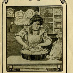 May include: A black and white illustration of a woman making bread in a kitchen. The text "HOW TO MAKE BREAD" is at the top of the image. The text "But not in this Disagreeable Old-Fashioned Way" is at the bottom of the image.