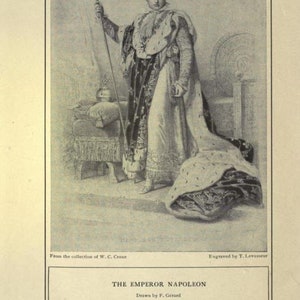 May include: A black and white engraving of Napoleon Bonaparte, the Emperor of France, wearing a crown and a long robe. He is holding a sceptre in his right hand and standing in front of a throne.