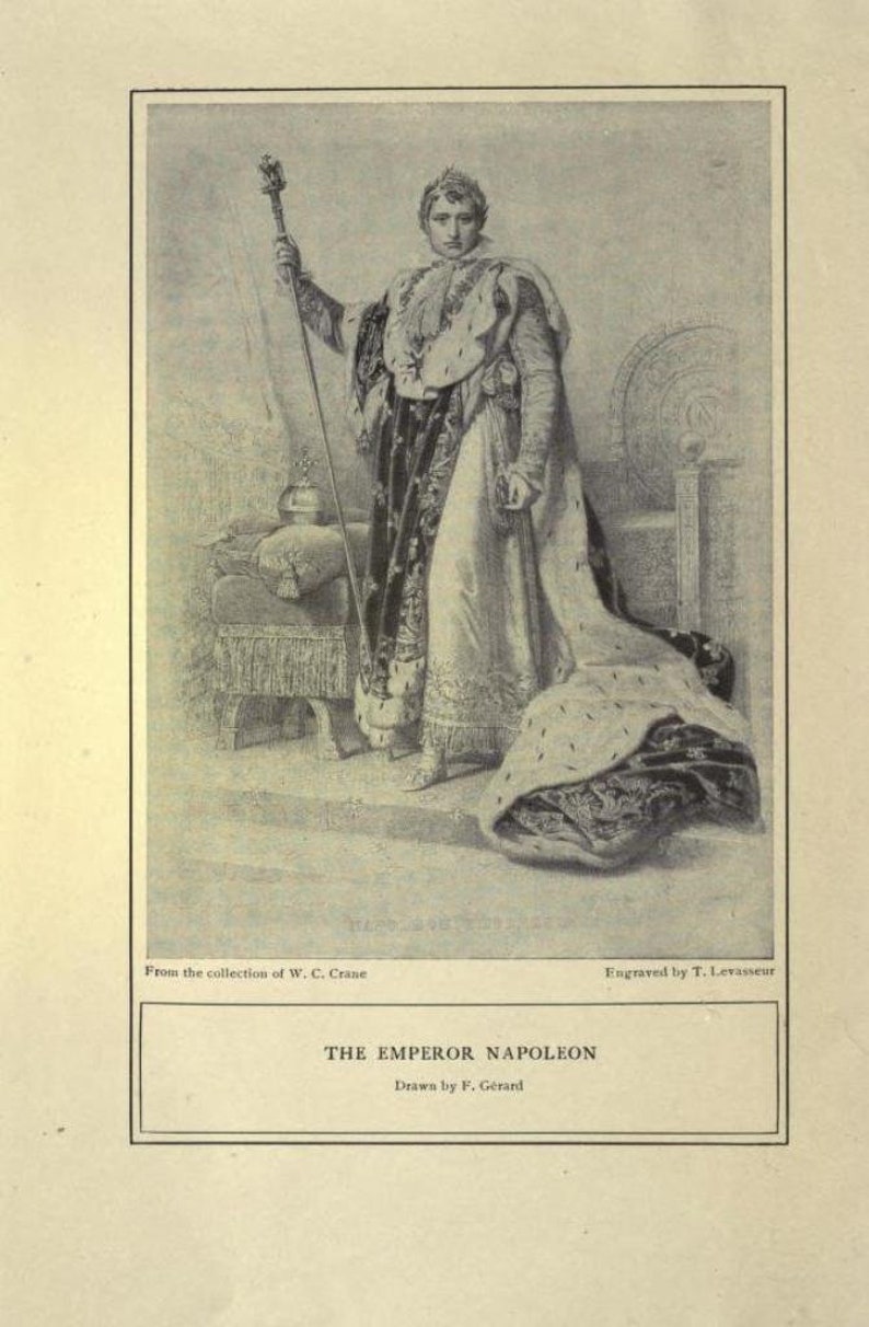 May include: A black and white engraving of Napoleon Bonaparte, the Emperor of France, wearing a crown and a long robe. He is holding a sceptre in his right hand and standing in front of a throne.