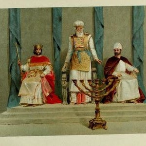 May include: A painting depicting three figures in traditional clothing. A man in a crown and red robe sits on a throne, holding a scepter. A man in a white robe and a crown stands behind a golden menorah. A man in a white robe and a red robe sits on a throne.