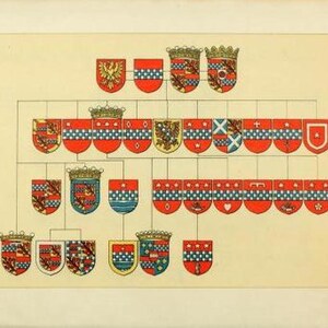 May include: A genealogical chart showing a family tree with coats of arms. The chart is made up of shields with different colors and designs, including red, blue, yellow, and white.