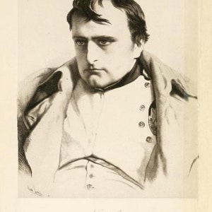 May include: A black and white portrait of Napoleon Bonaparte, from a portrait by Lasalle.