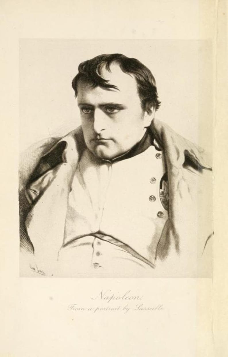 May include: A black and white portrait of Napoleon Bonaparte, from a portrait by Lasalle.