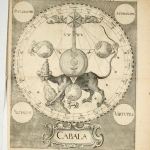 May include: A black and white illustration of a mythical creature with a human head and a lion's body. The creature is standing on a rock and holding a globe in its paws. The illustration is surrounded by a circle with the words "ANFANG EXALTATION" and "CABALA" in the center. The illustration is a depiction of the concept of the Kabbalah, a mystical tradition within Judaism.
