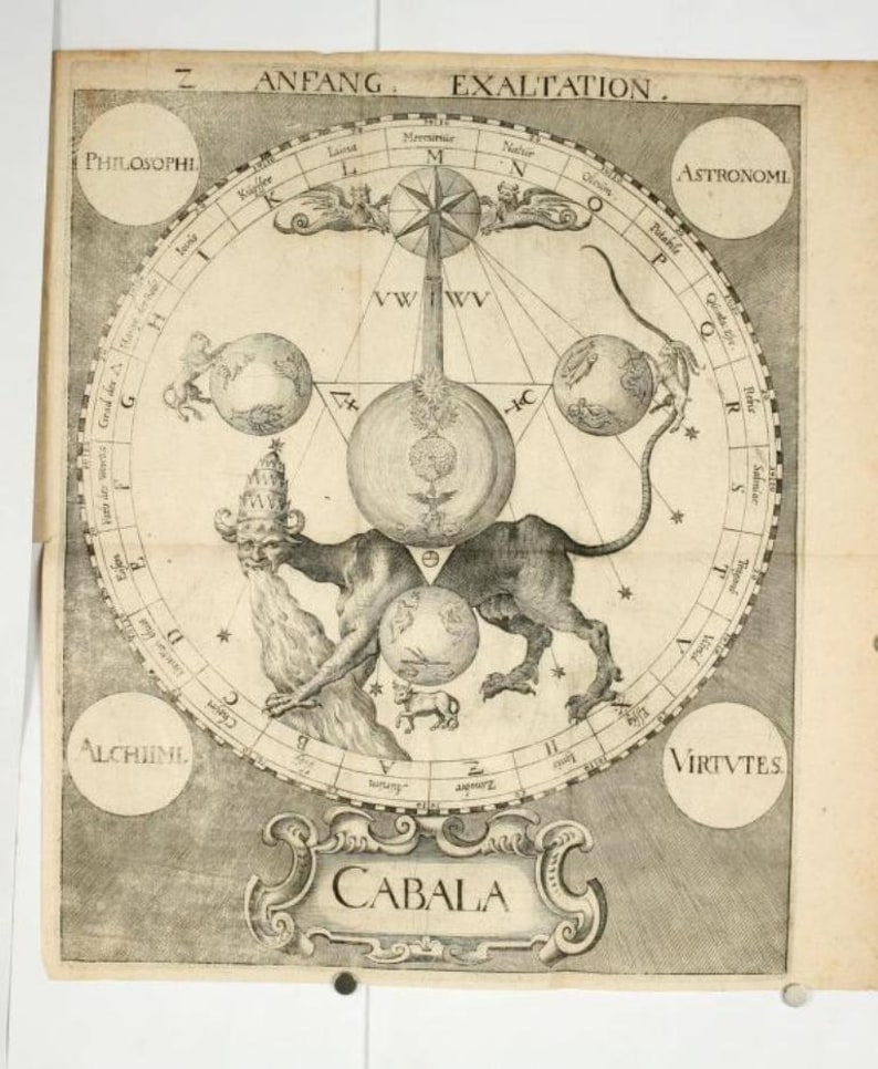 May include: A black and white illustration of a mythical creature with a human head and a lion's body. The creature is standing on a rock and holding a globe in its paws. The illustration is surrounded by a circle with the words "ANFANG EXALTATION" and "CABALA" in the center. The illustration is a depiction of the concept of the Kabbalah, a mystical tradition within Judaism.