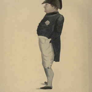 May include: A black and white portrait of Napoleon Bonaparte, wearing a black hat with a gold trim, a dark blue jacket with a gold star, white trousers, and black shoes. The caption below the portrait reads "NAPOLEON Drawn from life by an Officer on board the Northumberland who accompanied the ex Emperor to St Helena."