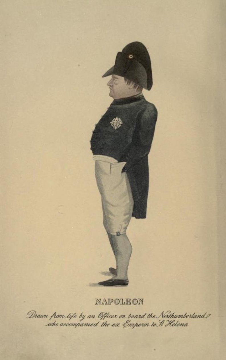 May include: A black and white portrait of Napoleon Bonaparte, wearing a black hat with a gold trim, a dark blue jacket with a gold star, white trousers, and black shoes. The caption below the portrait reads "NAPOLEON Drawn from life by an Officer on board the Northumberland who accompanied the ex Emperor to St Helena."