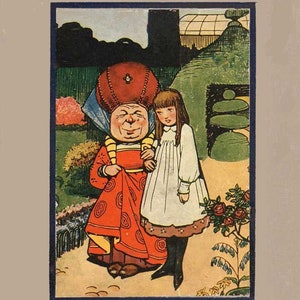 May include: A vintage book cover illustration featuring Alice from Alice in Wonderland with a large, smiling, red-robed character. The text on the cover reads "Alice in Wonderland" and "Lewis Carroll".
