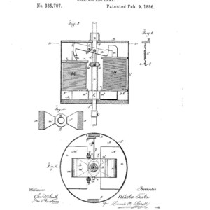 May include: A black and white line drawing of an electric arc lamp, patent drawing, with the text "No. 335,787. Patented Feb. 9, 1886." and "Inventor Nikola Tesla"